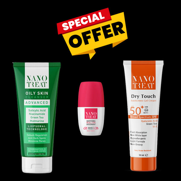 عرض حصري: نانوتريت واقي من الشمس جل كريم + رول اون برائحة الخوخ + غسول البشرة الدهنية